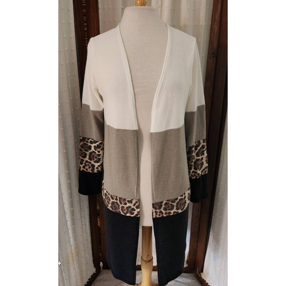 C29 Lovely Melody cream/tan/sage/leopard print open front long sweater cardigan